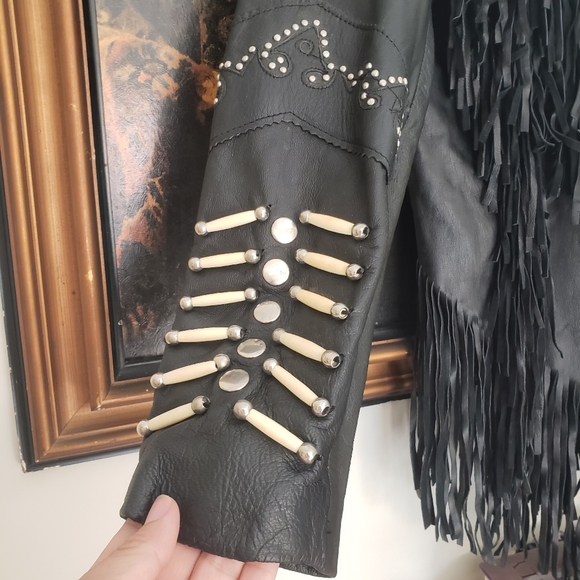 Sunriders Western Womens Fringe Bone Seed Gothic Cowgirl Tassel Leather Jacket - Picture 5 of 10